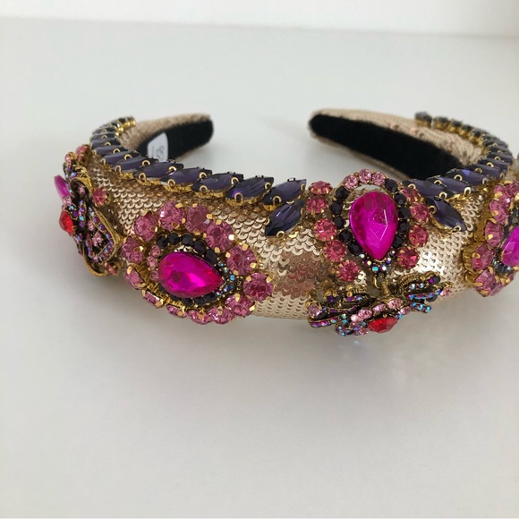 Handmade Hairband Headband Gold Pink Multicoloured Rhinestone Wedding Occasion - Picture 12 of 16